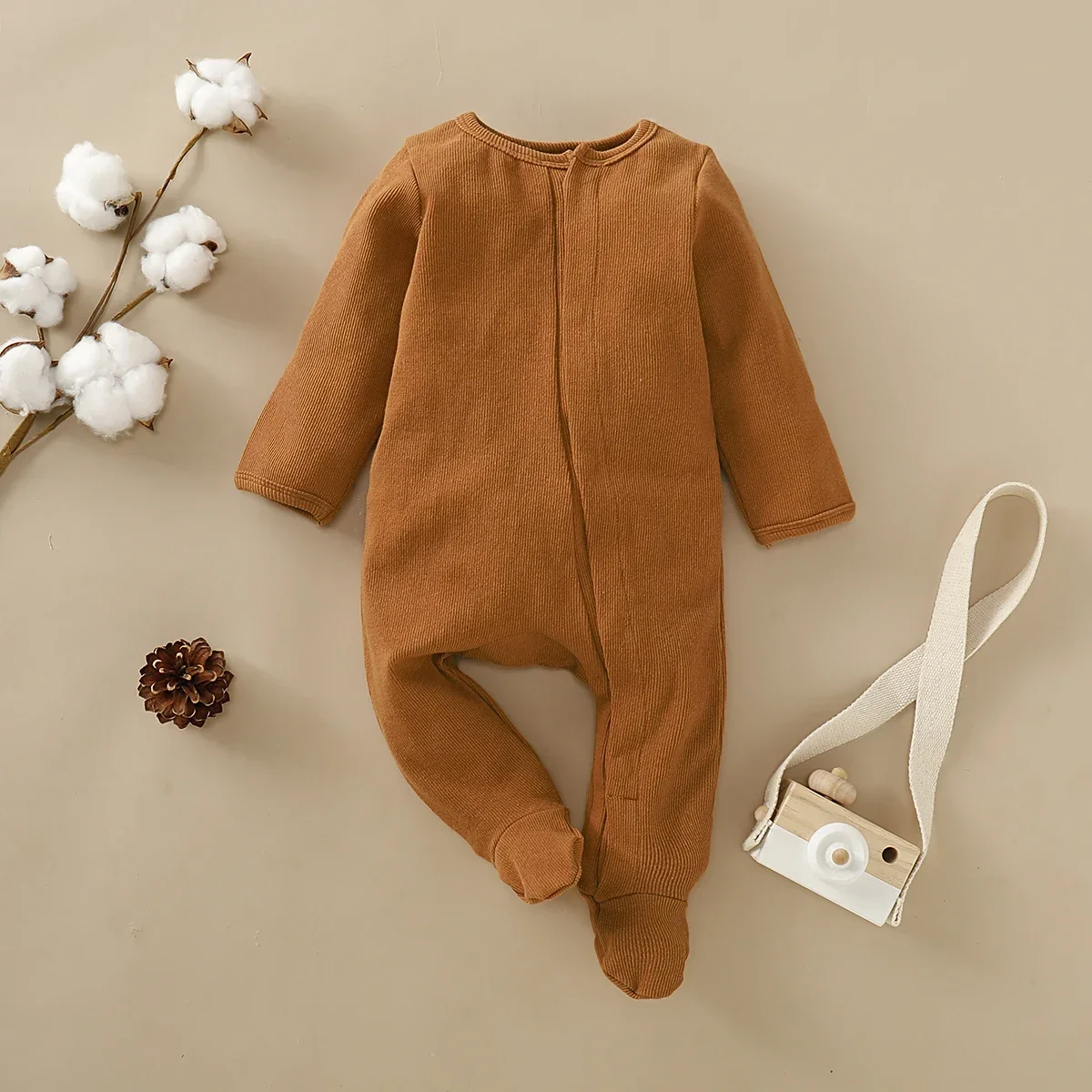 Baby Boy Girl Solid Footed Long-sleeve Jumpsuit One Pieces Baby Clothes Basic Style Spring and Autumn