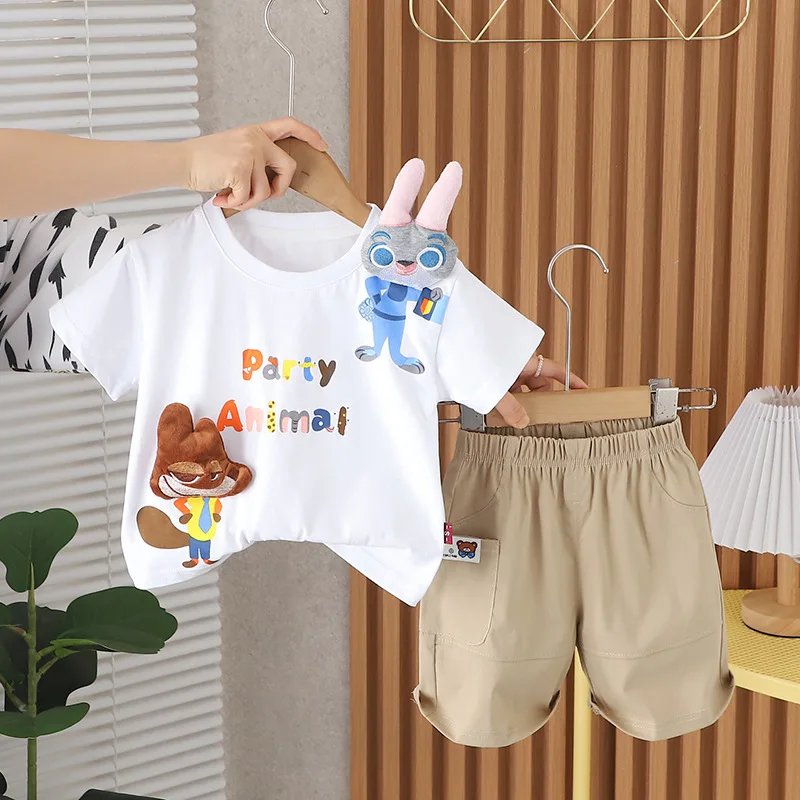 

Kids Summer Sets 2024 Korean Fashion O-neck Cartoon Rabbits Short Sleeve T-shirts Tops and Shorts Baby Boys Boutique Clothing