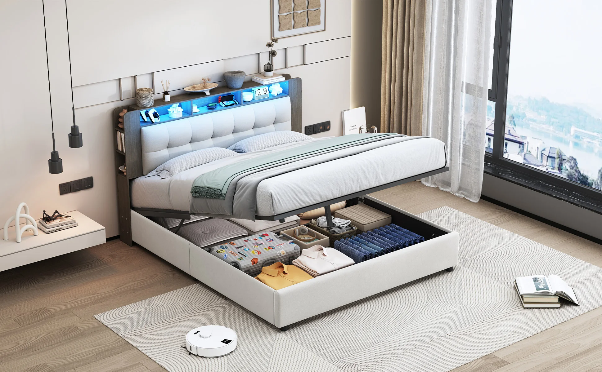 Lazyspace Polsterbett 140 x 200 cm, Doppelbett mit Stauraum und Lattenrost, LED-Kopfteil mit USB-Aufladung, Jugendbett – Detail 7