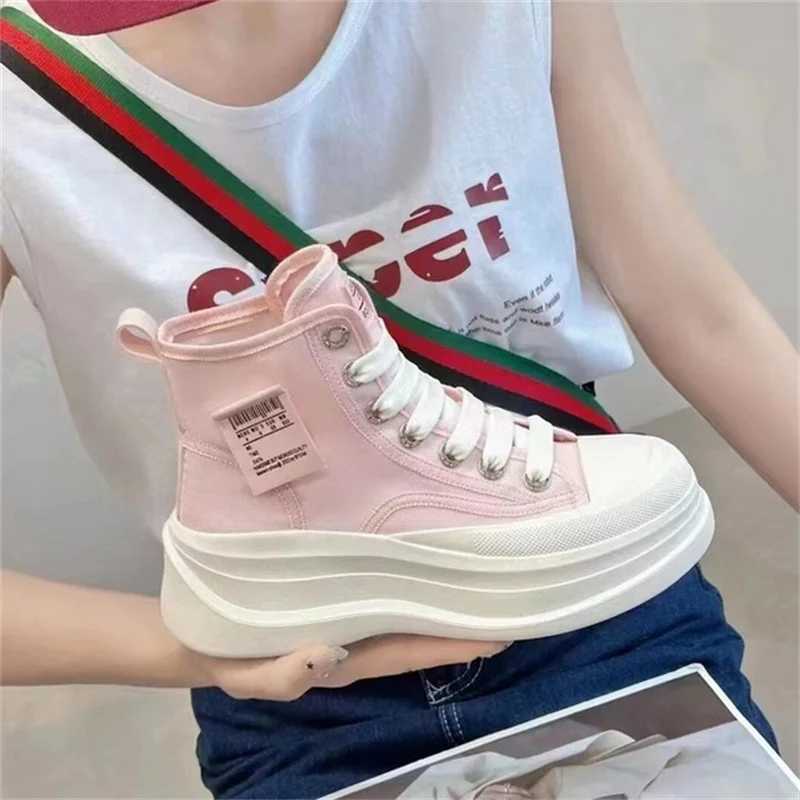 2023 New Men and Women Couple Vulcanized Shoes High Quality Thick Sole Canvas Sneakers Casual Round Toe Lace-Up Flats