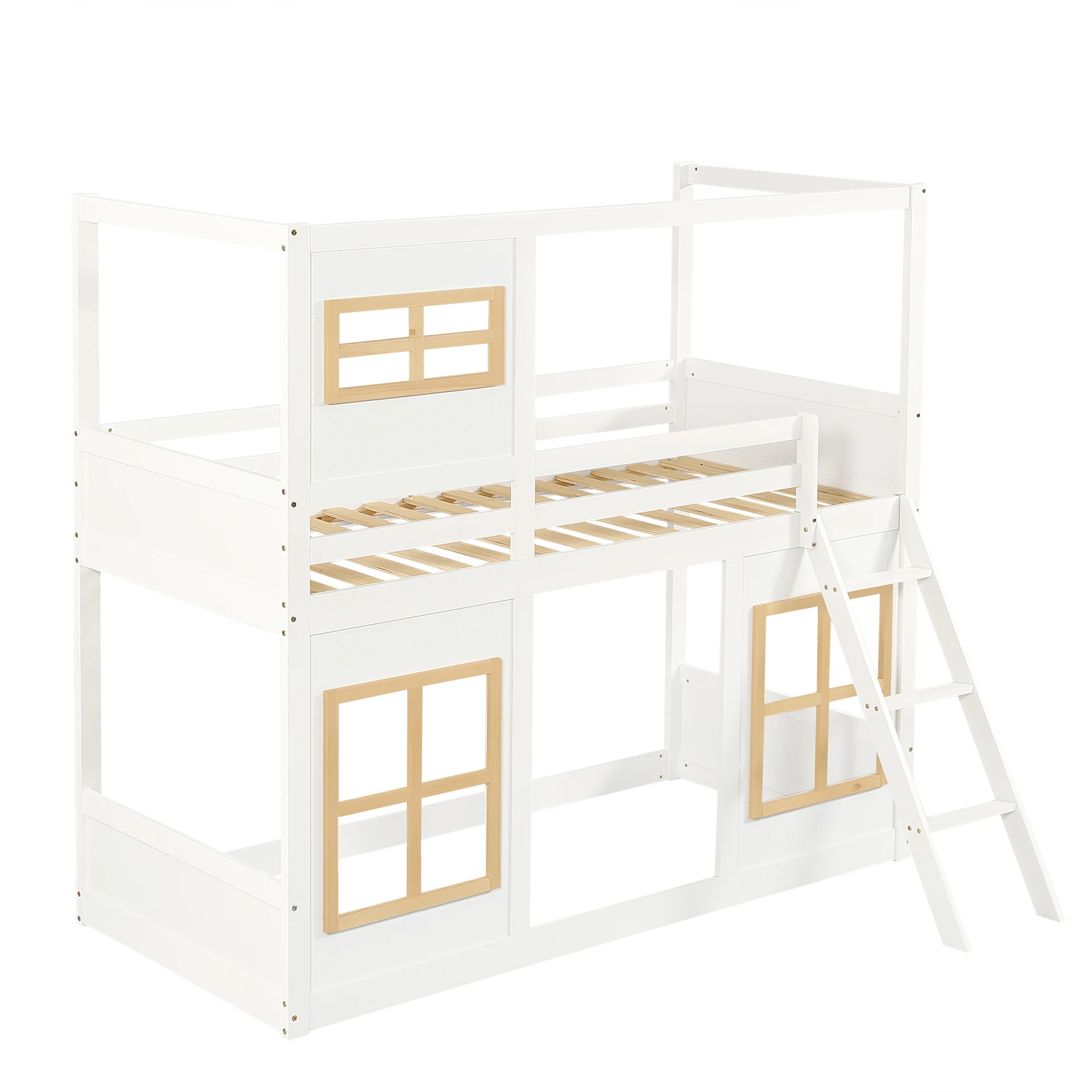 Etagenbett, Kinderbett, mit schönen Fenstern, stabile Leiter, mit vierseitigem Geländer, Kiefer + MDF + Sperrholz, weiß + naturfarben – Detail 14