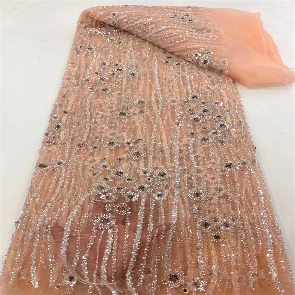 

Heavy Beaded Fashion Tulle Lace Fabric 2023 French Embroidery African Nigerian Lace With Sequins Fabric For Wedding Dress XC4903