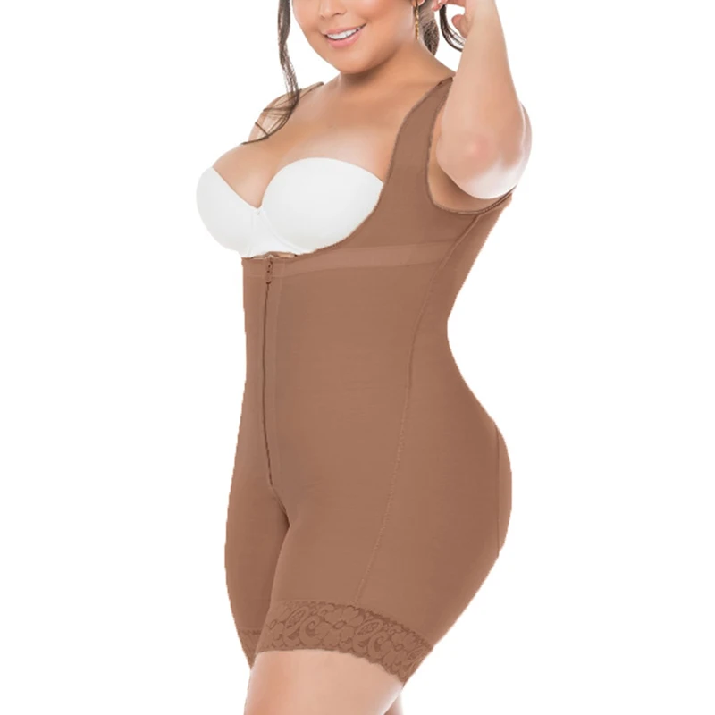 Women Tummy Control Butt Lifter Zipper Hip Lift Adjustable Shoulder Strap Shapewear Lace Open Bust Flat Belly Bodysuit