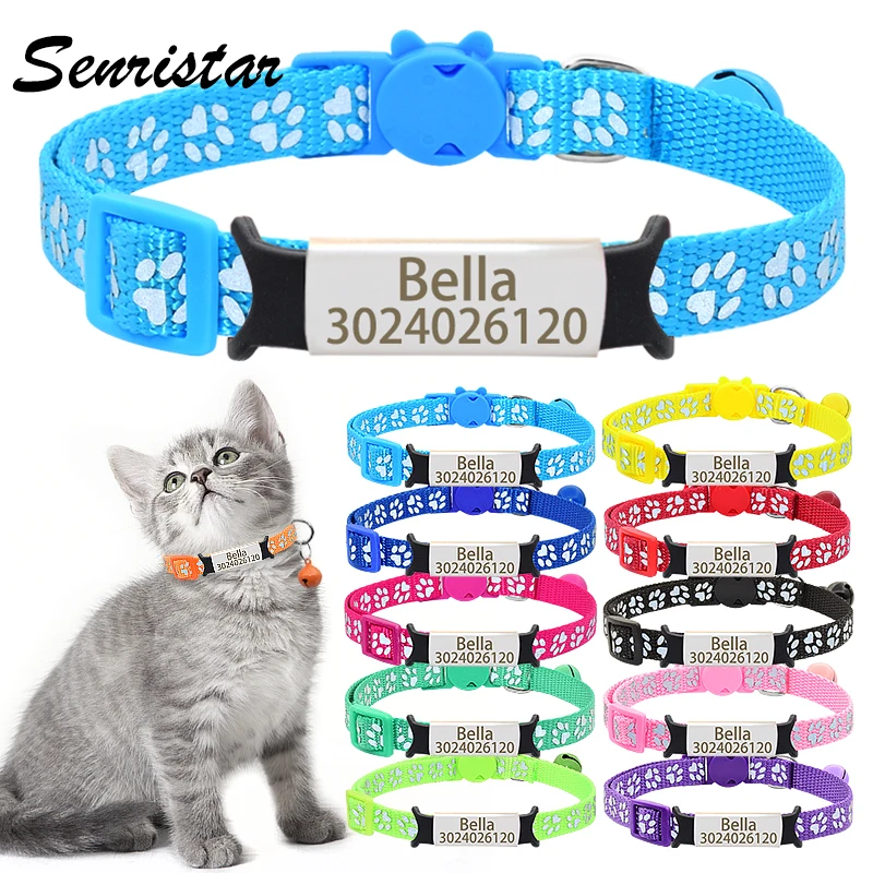

Personalized Reflective Paw Name Tag Cat Collar Bell Safety Breakaway Nameplate Cat Collar Custom Adjustable Nylon Kitten Collar