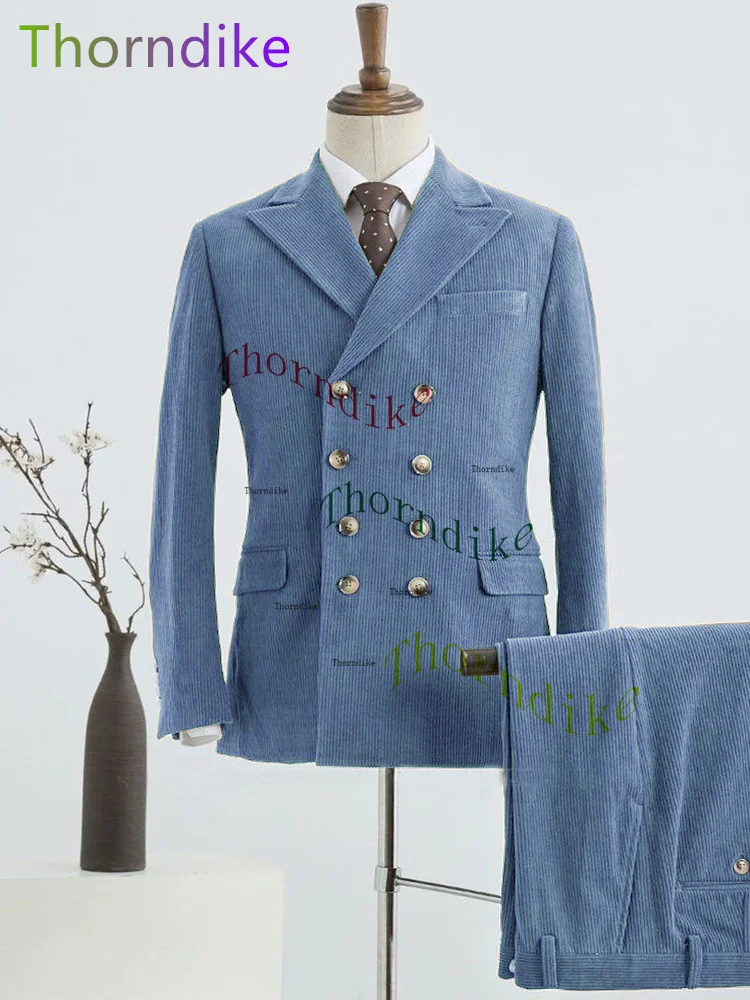 Thorndike Lilac Corduroy Mens Tuxedos Peaked Lapel Casual Party Prom Suit 2 Pieces Set Young Men Wear Blazer Pants For Groommen