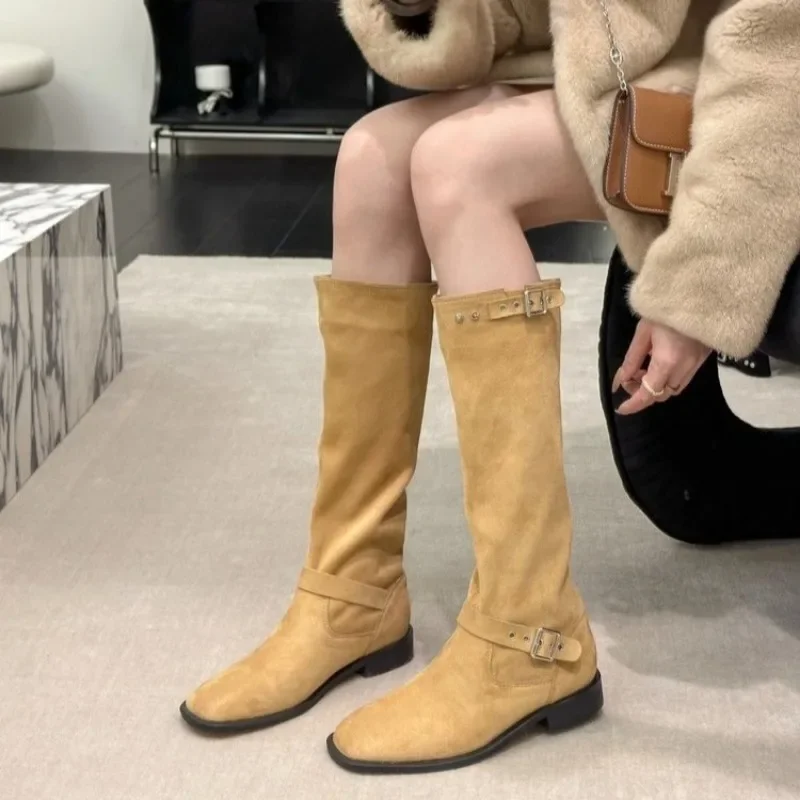 2023 Winter Belt Buckle Shoes for Female Slip-on Women's Knee-High Boots Low Heel Women's Shoes Plus Size Modern Ladies Boots