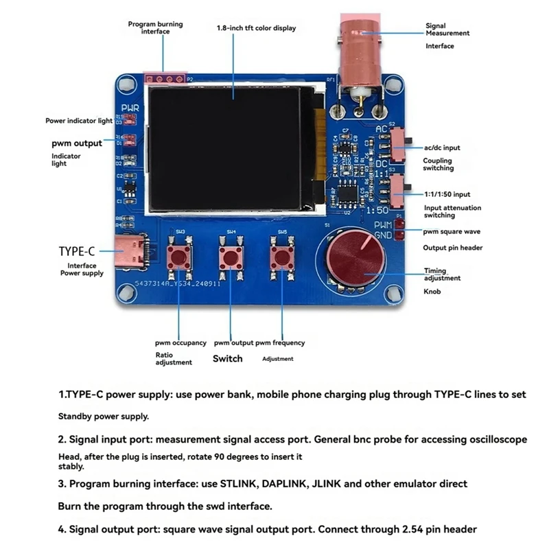 Mini Simple Oscilloscope With 1.8 Inch TFT Color Display Waveform Measurement Frequency Meter Square Wave Output digital oscilloscope color screen oscilloscope