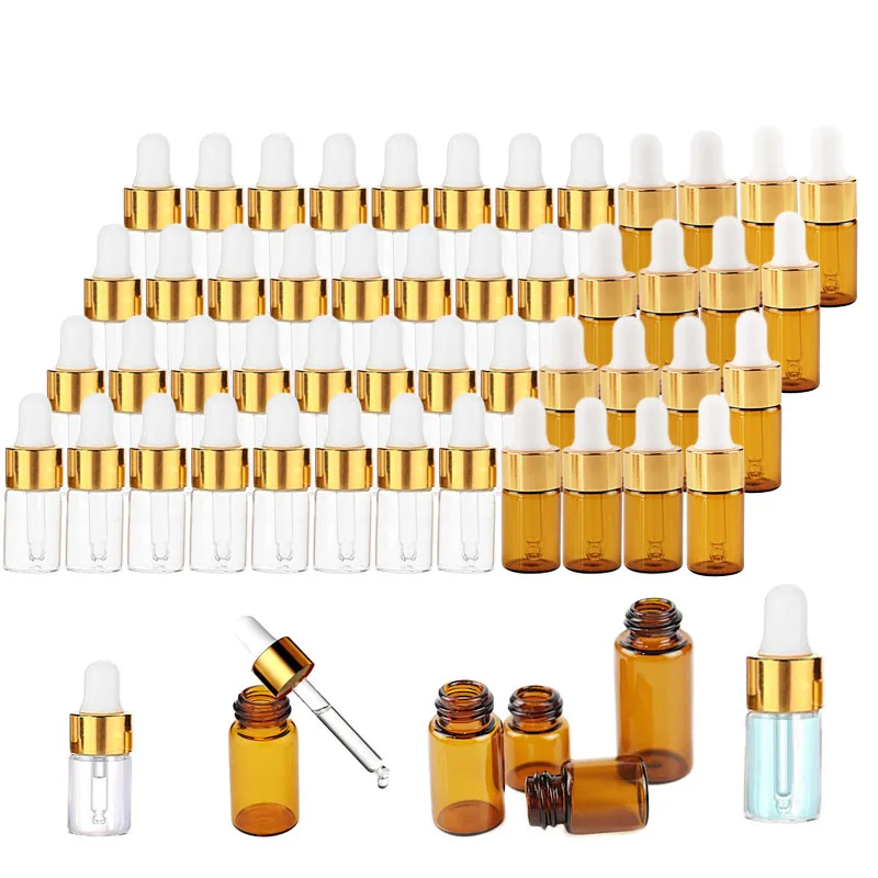 

10pcs 1ml 2ml 3ml 5ml Amber Glass Dropper Bottle Empty Refillable Clear Glass Vials with Gold Cap for Essential Oil Aromatherapy