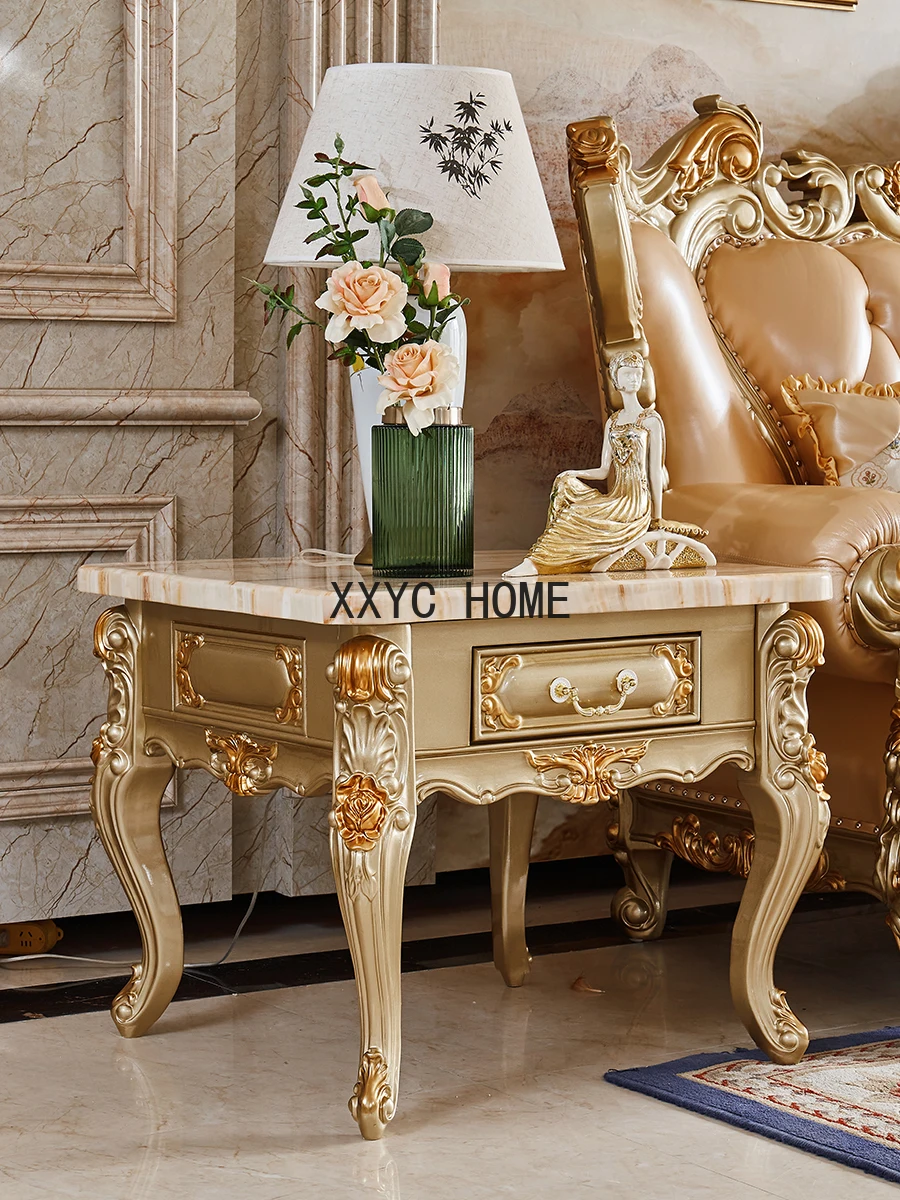 

European-style living room square marble corner wood carved sofa tea oak side French entry Lux furniture