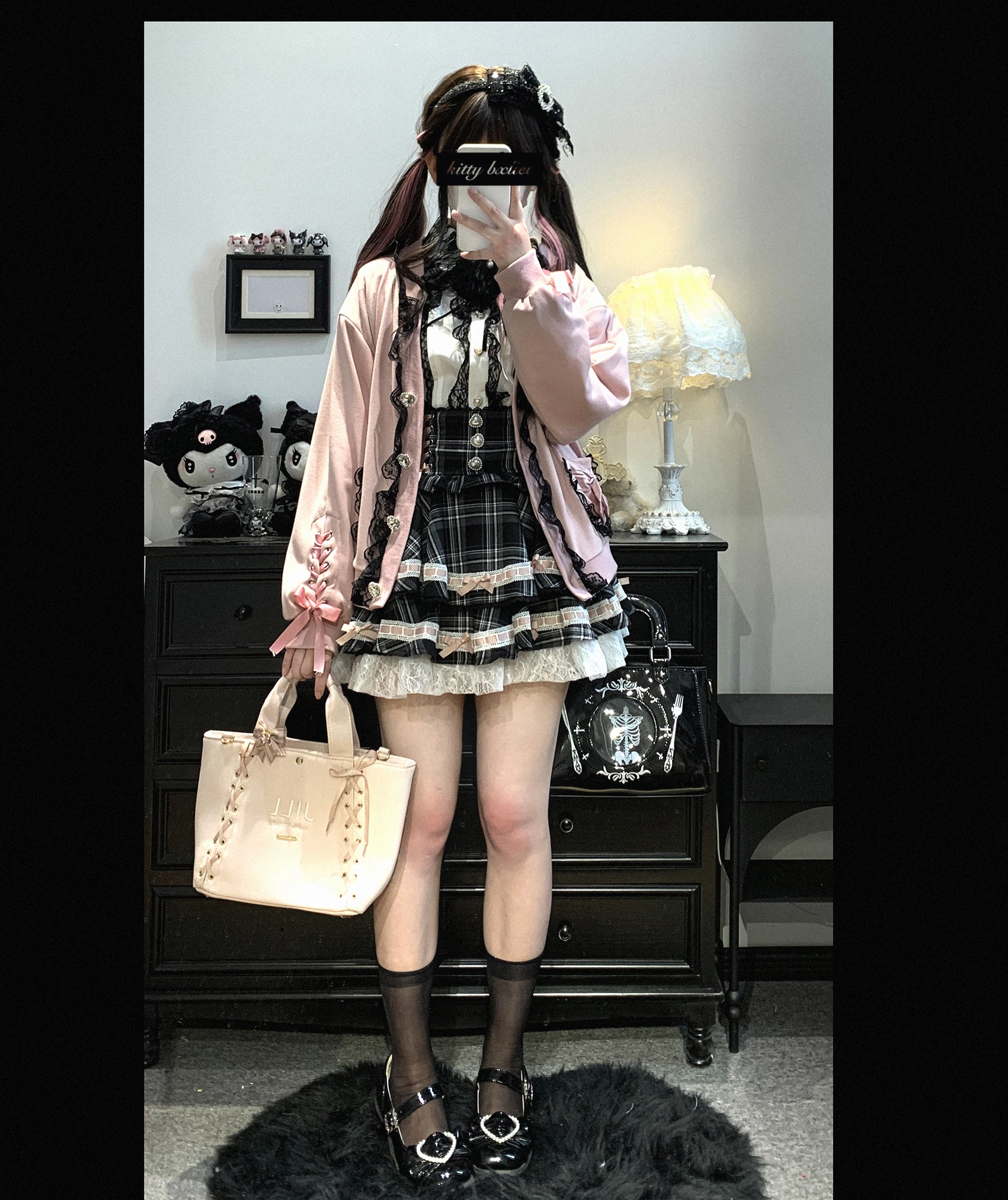 Japanese Mine Style Sweet Versatile Suspender Skirts Lace Splicing Flying Sleeve Bow Heart Button High Waist Plaid Skirt Women