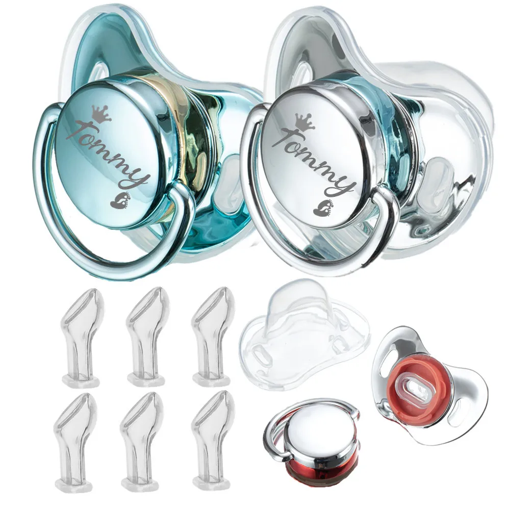 

Miyocar Custom Silver Blue Pacifier(2pcs) with Name Bring 6 Replacement Teat Include All Size Personalized Boy Girl Baby Shower