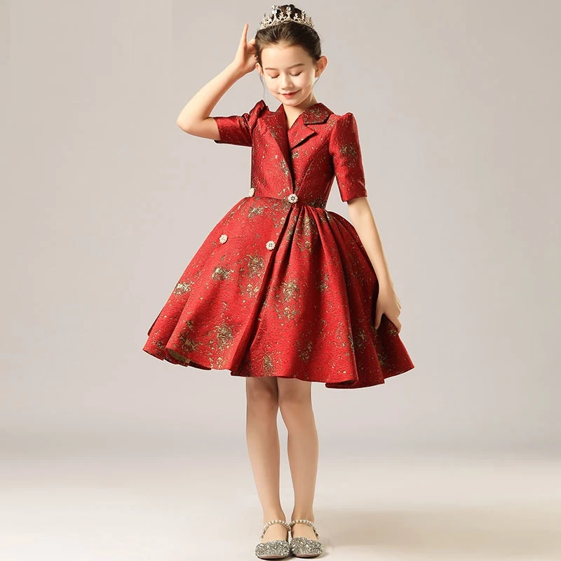

Red Suit High-end Children Model Catwalk Piano Performance Skirt Little Host Evening Princess Flower Girl Dress