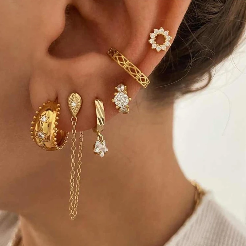 ISUEVA Gold Plated Hoop Earrings Set for Women Retro Boho Piercing Ear Cuffs Stud Drop Dangle Earrings 2023 Jewelry Accessories