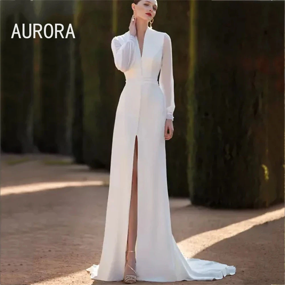 

Elegant Long Sleeve Stain Wedding Dresses Charming V-Neck Side Slit Backless Floor Length Bridal Gowns Vestidos De Noiva