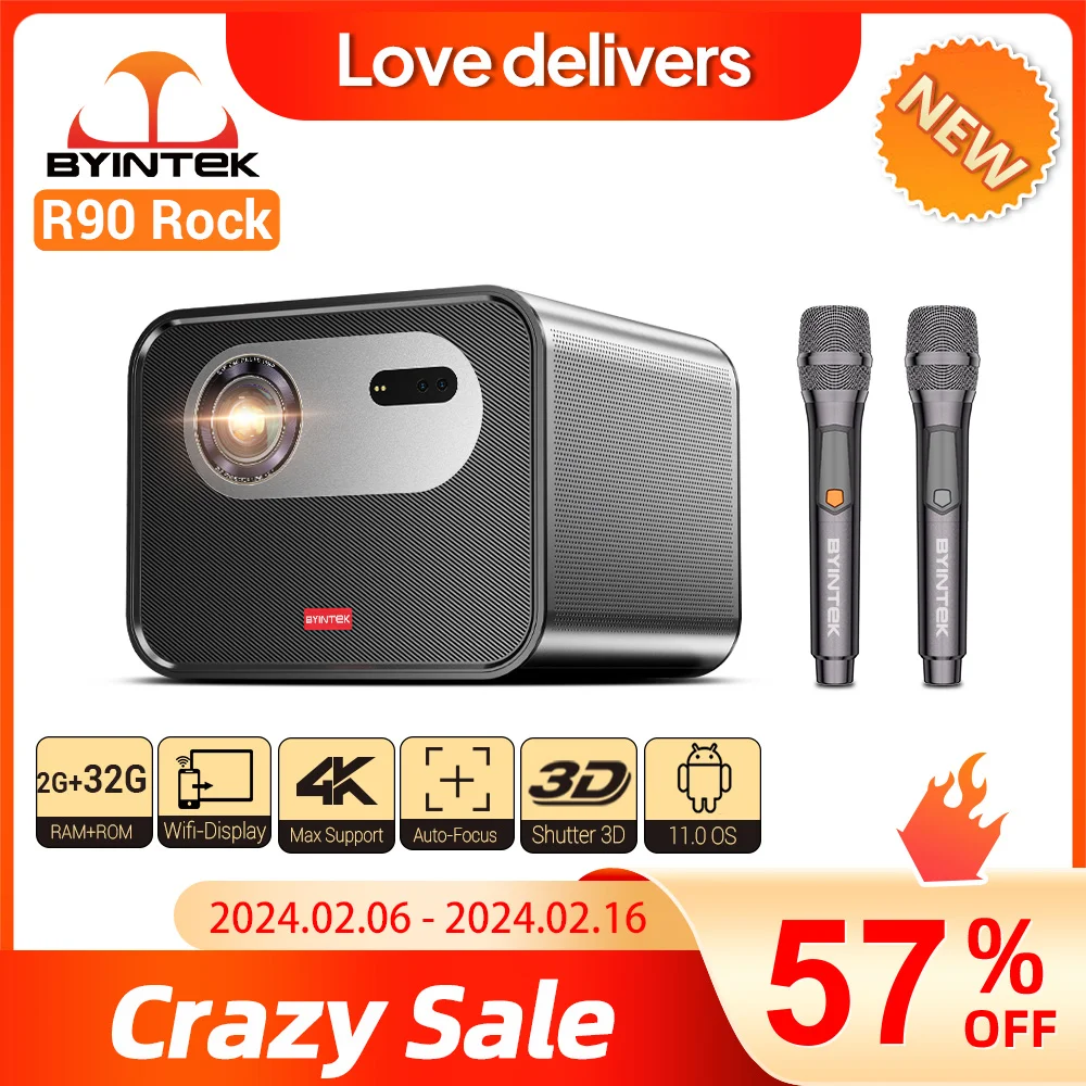 Byintek R90 Rock Full Hd 1080P Proiettore Dlp 2200 Ansi Lumen Android Tv 11.0 3D 4K Proiettore Smart Home Theater Supportato