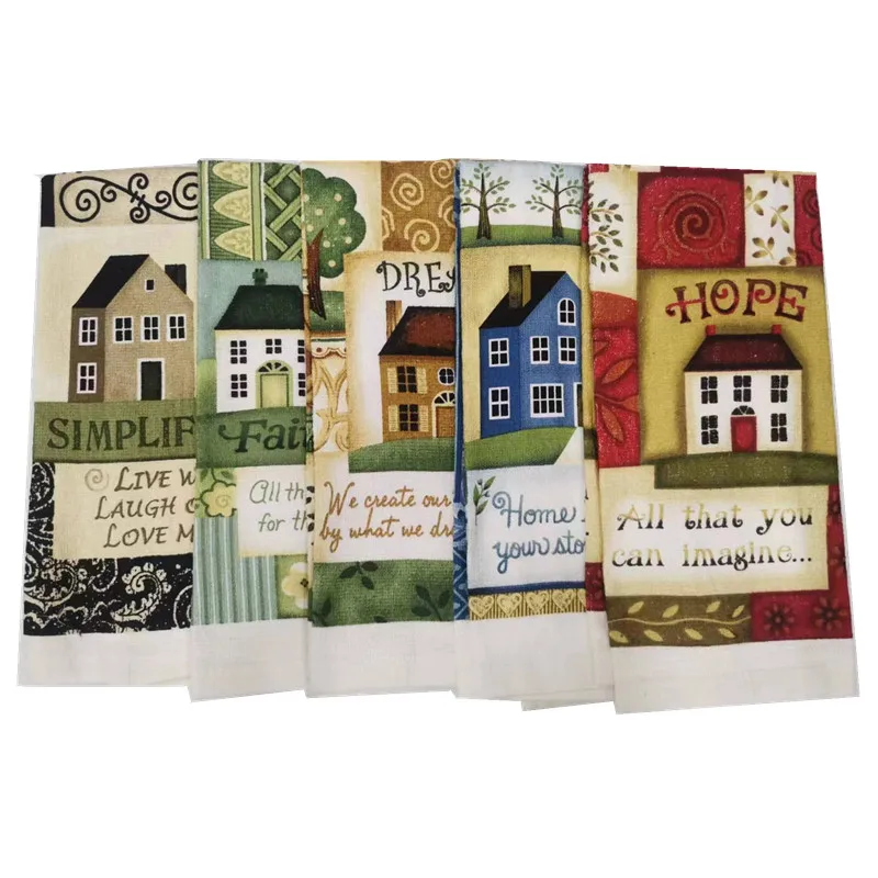 

1Pc 38x63cm Vintage Colorful House Printed Cotton Tea Towel Kitchen Dishcloth Water Absorption Cleaning Cloth