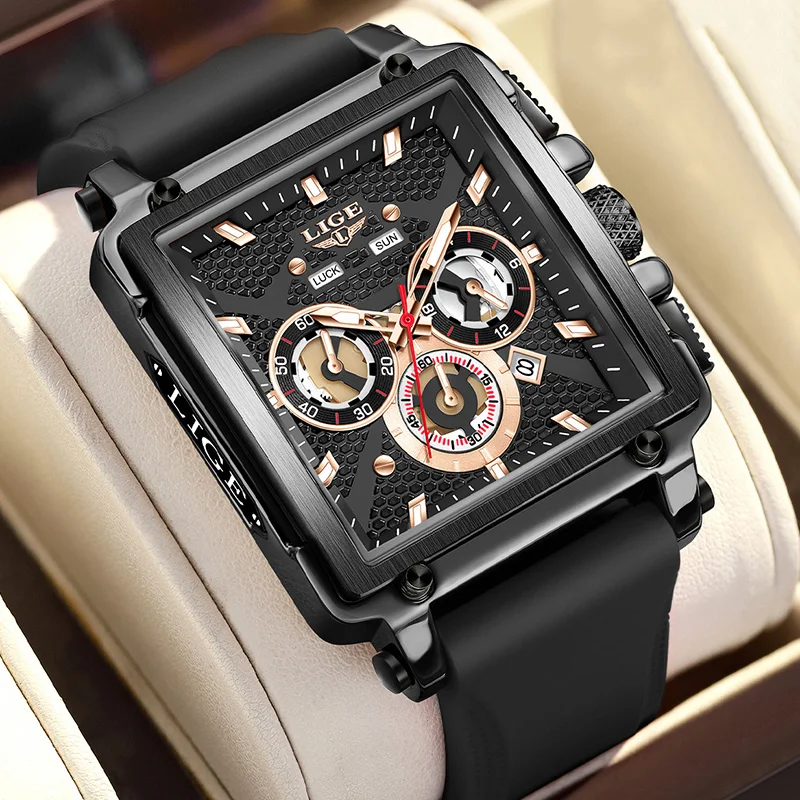 LIGE New Black Silicone Waterproof Watches Men Classic Business Sports Date Men's Quartz Wristwatch fashion Square Watch For Men