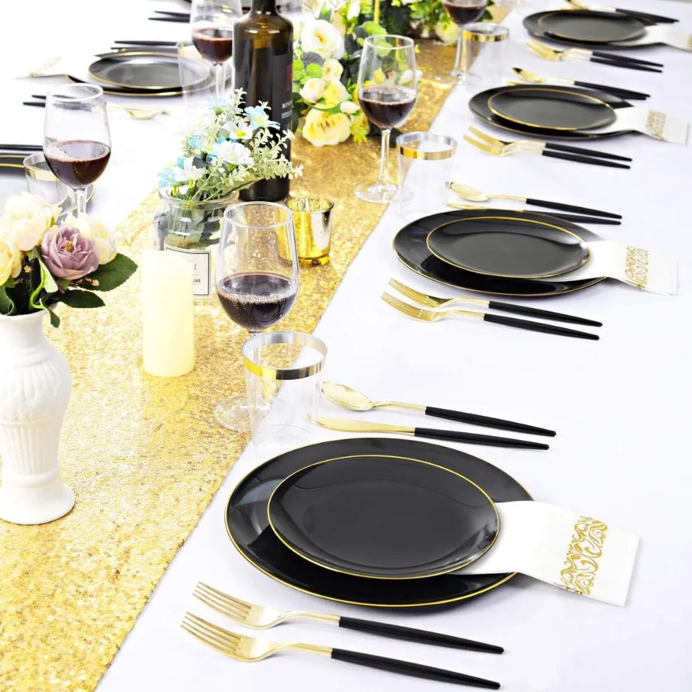 150pcs Black Plastic Plates, Black and Gold Plastic Plates,Gold Silverware,Black and Gold Dinnerware Set