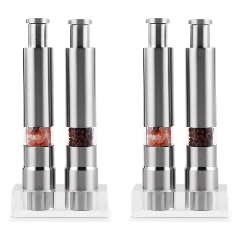 Salt And Pepper Grinder Set Of 4, Pepper Mill Stainless Steel Salt Shaker  Push-Button Manual Glass Salt And Pepper Set