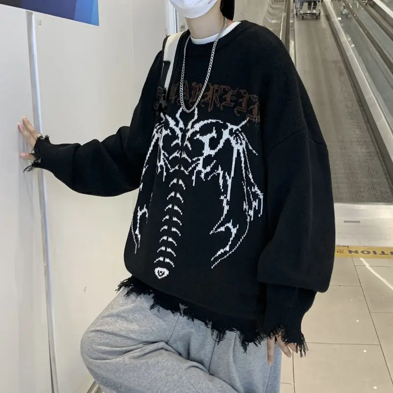 EOENKKY/ Hip Hop Streetwear Long Sleeve Sweater Man Gothic Letter Bat Skeleton Print Pullover Autumn Harajuku Sweaters For Men