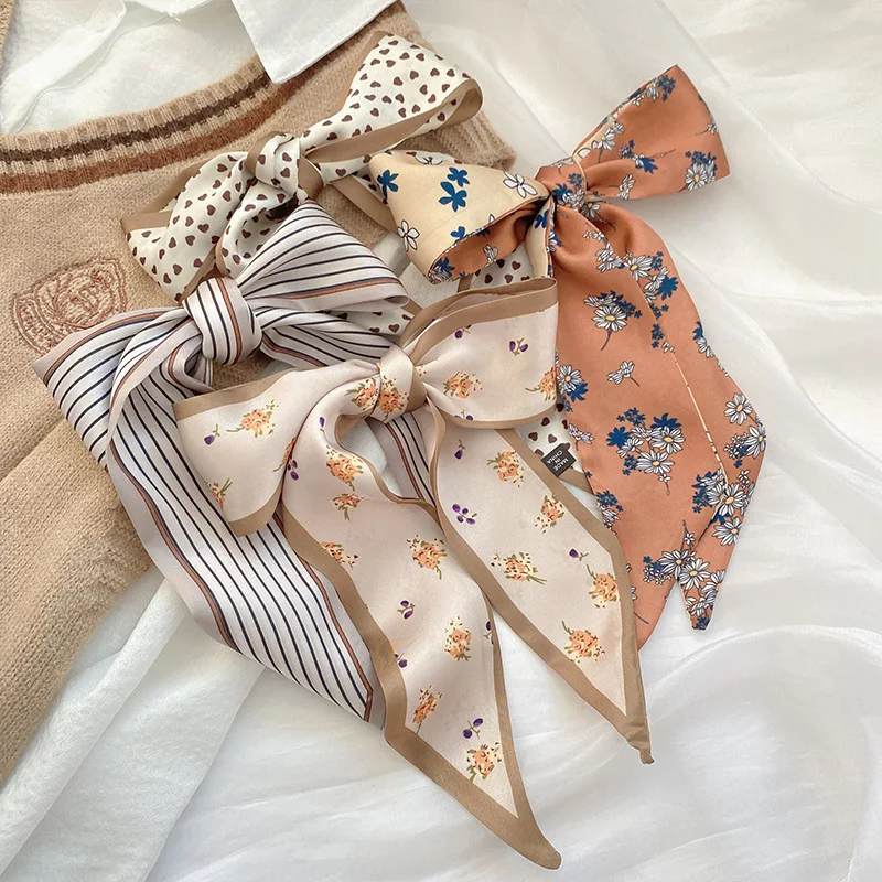 4pcs Silk Feel Skinny Silk Scarf Hair Band Women Spring Hair Hand Bag Wrist Bandana Foulard Ribbon Scarves Hair Accessories 2