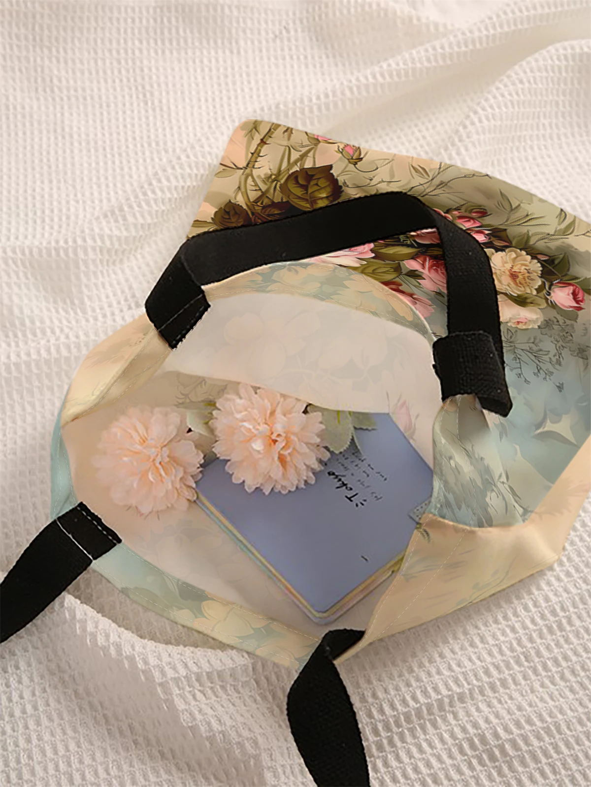 Rose pattern printed casual handbag, reusable fashionable backpack, multifunctional handbag, canvas shopping bag