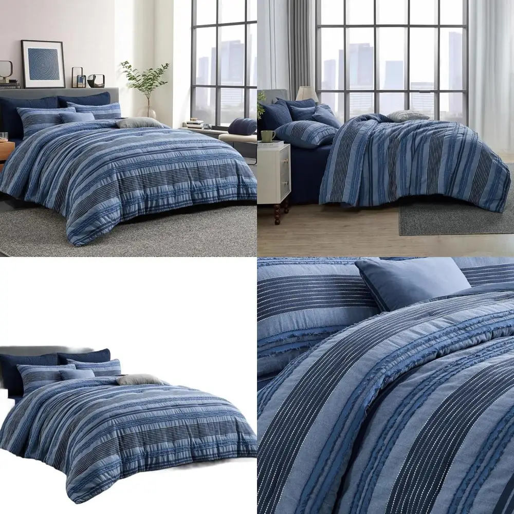 Queen Size Denim Blue Boho Striped Cotton Comforter Set with Pillow Shams for Year-Round Use