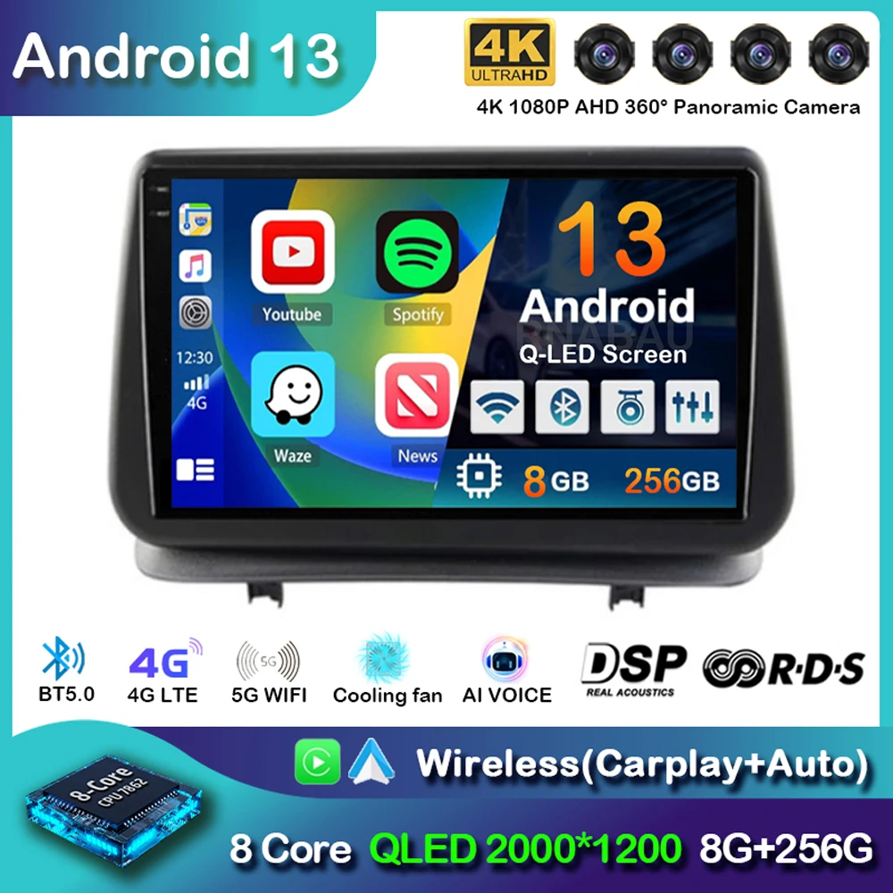 Android 13 Rádio do carro para Renault Clio, Auto Carplay, Leitor de vídeo multimídia, GPS de navegação, Stereo, 2Din, DVD, DSP, Renault Clio 3, CLIO 3, 2005-2014