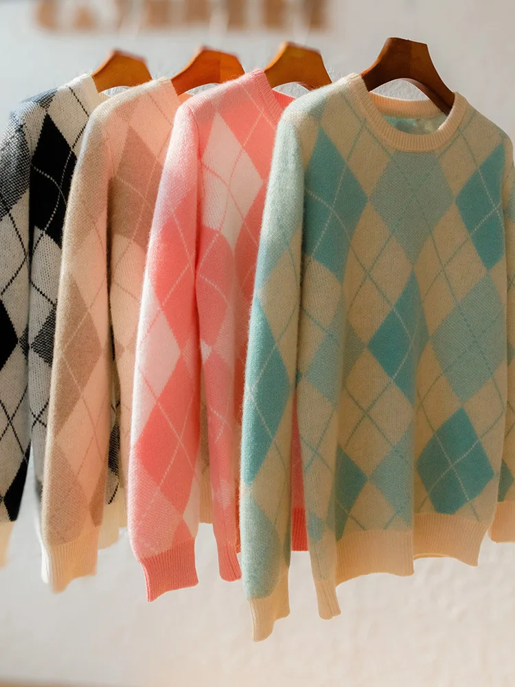 Men Classical Rhombus Knit Sweater Autumn Winter Thick O-neck Long Sleeve Pullover 100% Merino Wool Knitwear Smart Casual Cloth 5