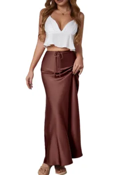 Women's Silk Satin Skirts Long Maxi Drawstring A-Line Fall Elegant Cocktail Party Wedding Mermaid Midi Skirt 1