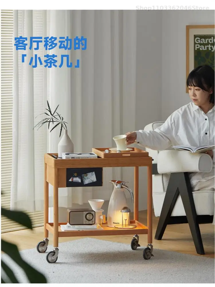 Solid Wood Side Table Nordic Movable Cart Cherry Wood Small Apartment Japanese Style Coffee Table Sofa Side