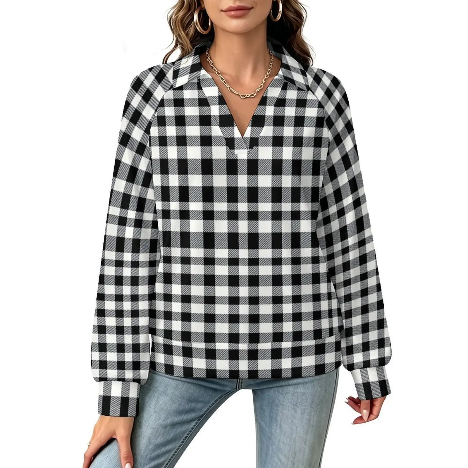Betawoo Checkered Premium Casual Long Sleeve V-Neck Sweatshirt For Women
