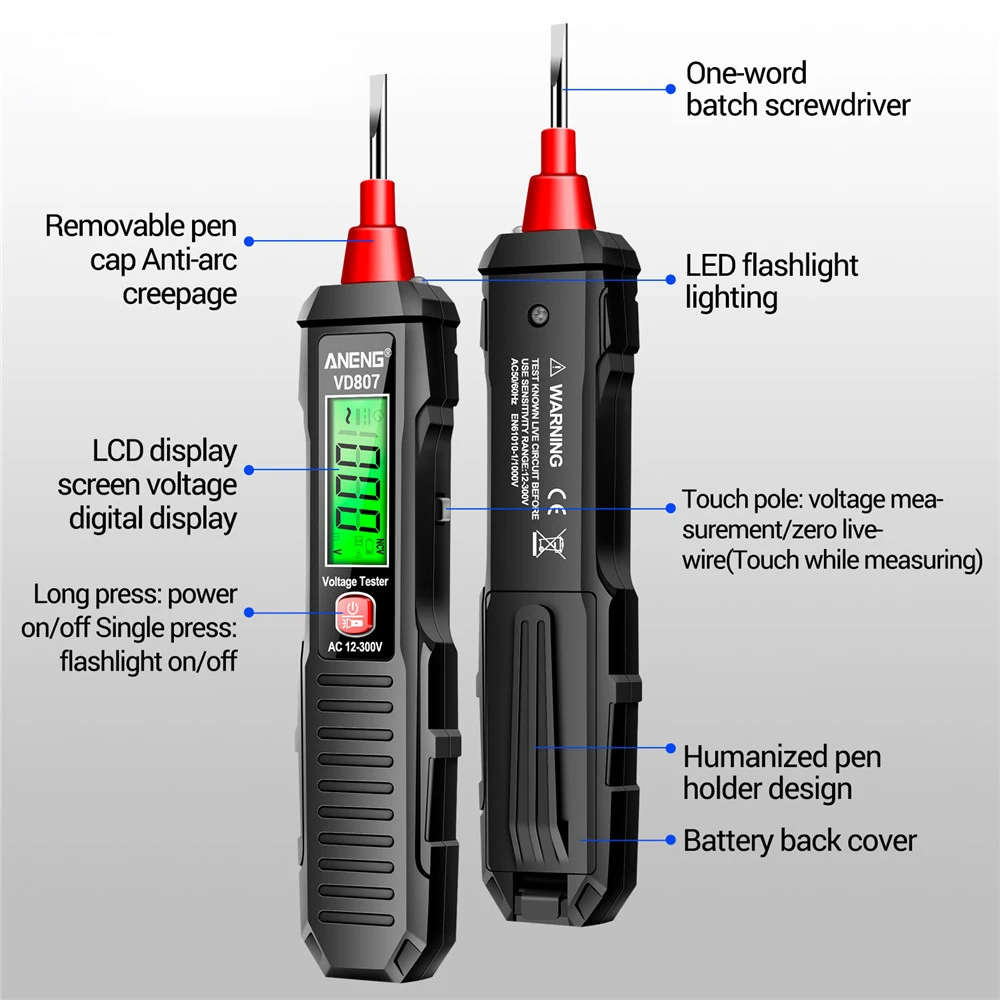 NCV Sensor Smart Induction Tester Pen VD807 Non-Contact Voltage Tester 50/60Hz AC 12-300V Alarm Zero Fire Wire Detector voltage detector tester