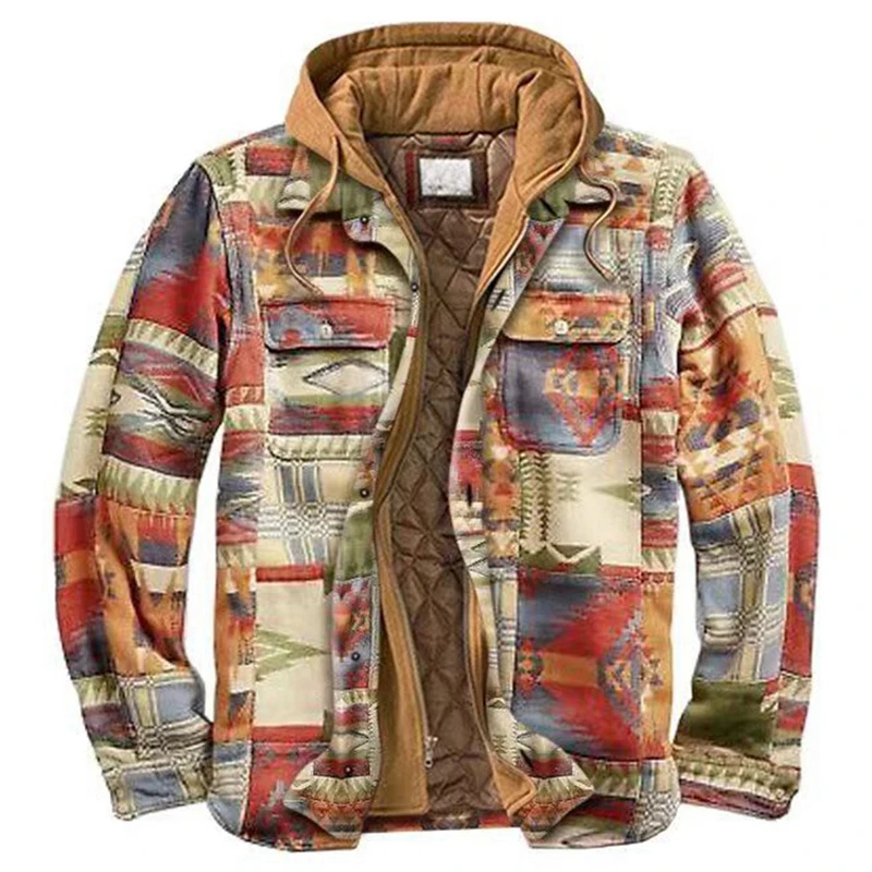 Harajuku Plaid Hooded Zipper warm Coat Long Sleeve Basic Casual Cotton Jackets Men Autumn Winter loose Vintage Shirt Jacket 5XL