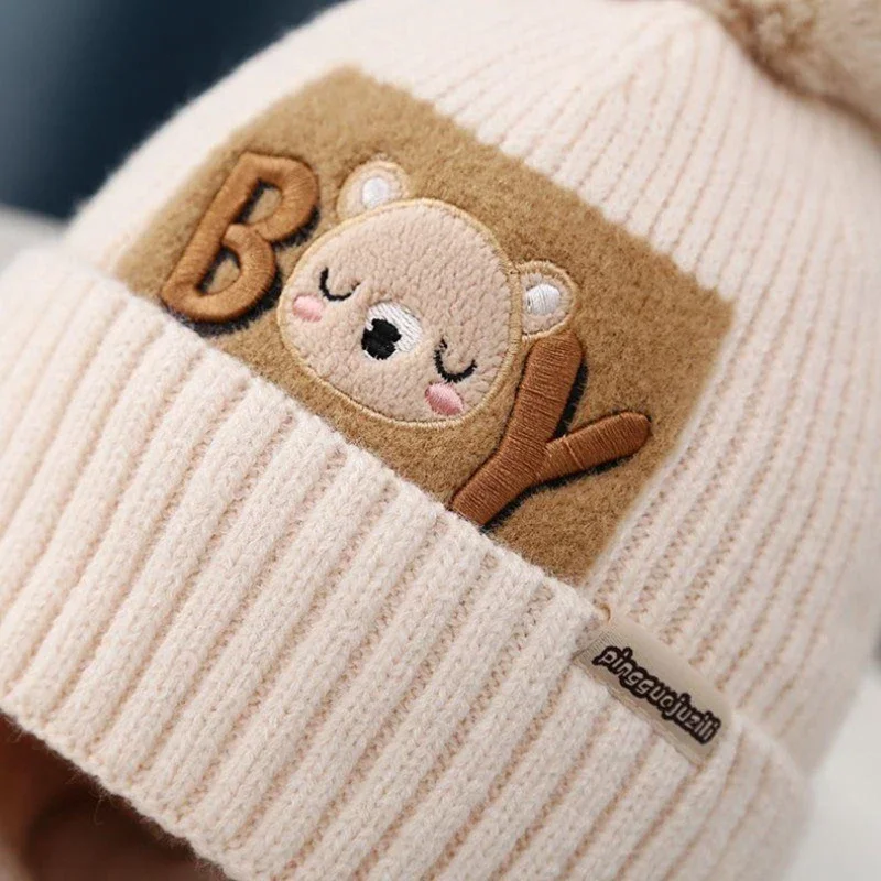 2Pcs/Set Baby Hat Scarf Cute Pompom Winter Woolen Knitted Warm Beanie Kids Boys Girls Cartoon Bear Crochet Cap Scarves 4