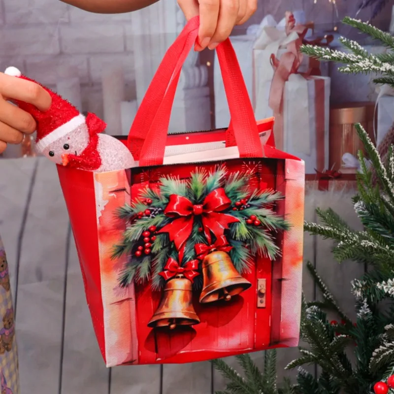 Christmas Santa Claus Big Bag Lightweight Handbag Small Bell Hand-held Bags Festival Celebration Father Christmas Printing Pouch
