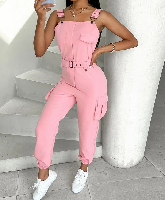 Women's Clothes New Fashion Pocket Buckle Design Cargo Suspender Jumpsuit for Women Sleeveless Square Neck Casual Long Jumpsuits