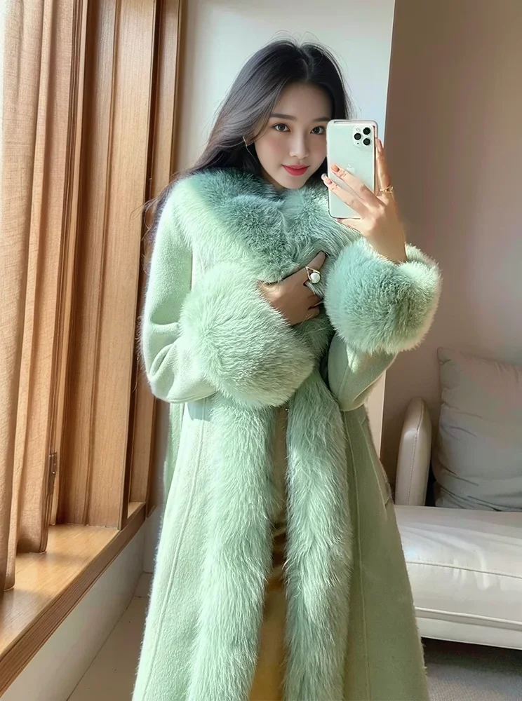 2023 Winter Clothes New Fashion Long Woolen Coat High-End Slim-fit Temperament Warm Imitation Fox Fur Collar Long Jackets Women