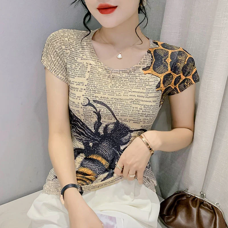 

#6271 Summer Printed Mesh T Shirt Women Short Sleeve Vintage T-shirt Female Tight Womens Tee Shirts Thin Elastic Clothes Retro
