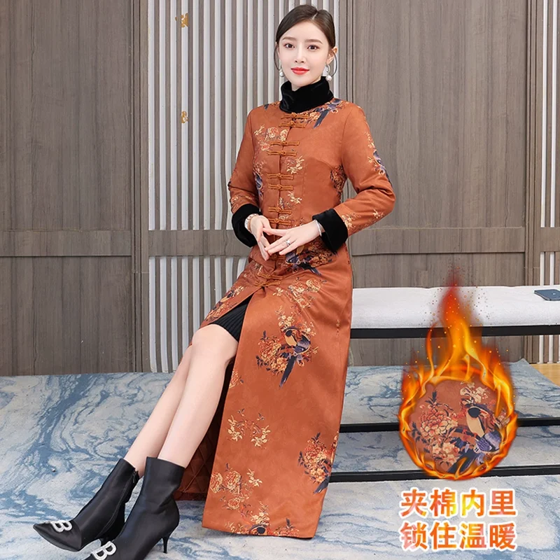 

2023 new temperament fashion elegant women's autumn and winter jacket with cotton thickened Chinese style cheongsam coat