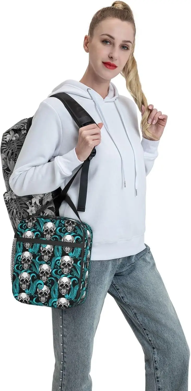Octopus Sugar Funny Skull Halloween Insulated Lunch Box For Women Man, Portable Lunch Bag Reusable Cooler Tote For Office