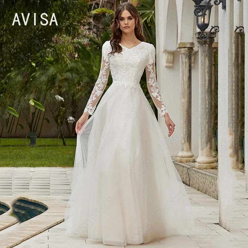 

Lace Wedding Dresses Long Sleeves Civil High V-neck Vestidos De Novia Sparkling A-line Tulle Bridal Gown Floor-Length Zipper