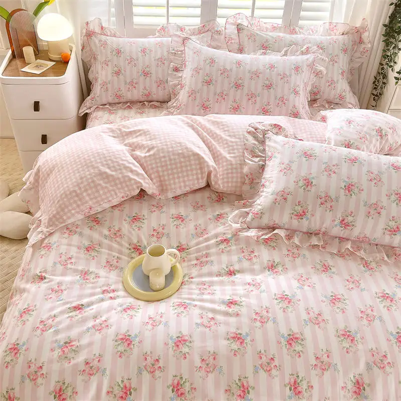 Bonenjoy Pink Color Duvet Cover with Ruffles 100%Cotton Flower Printed housse de couette for Girls Pure Cotton Bed Cover King 5