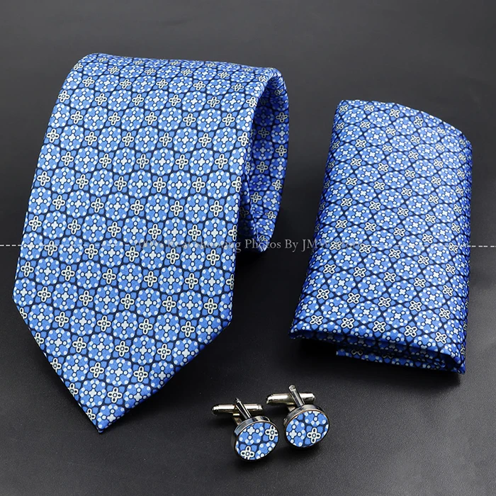 Herrenmode 7,5cm Weiche Seidenkrawatte Set mit Einstecktuch Manschettenknöpfe Boutonniere Blau Grün Orange Gepunktet Blumenmuster Krawatte für Hochzeiten – Detail 18