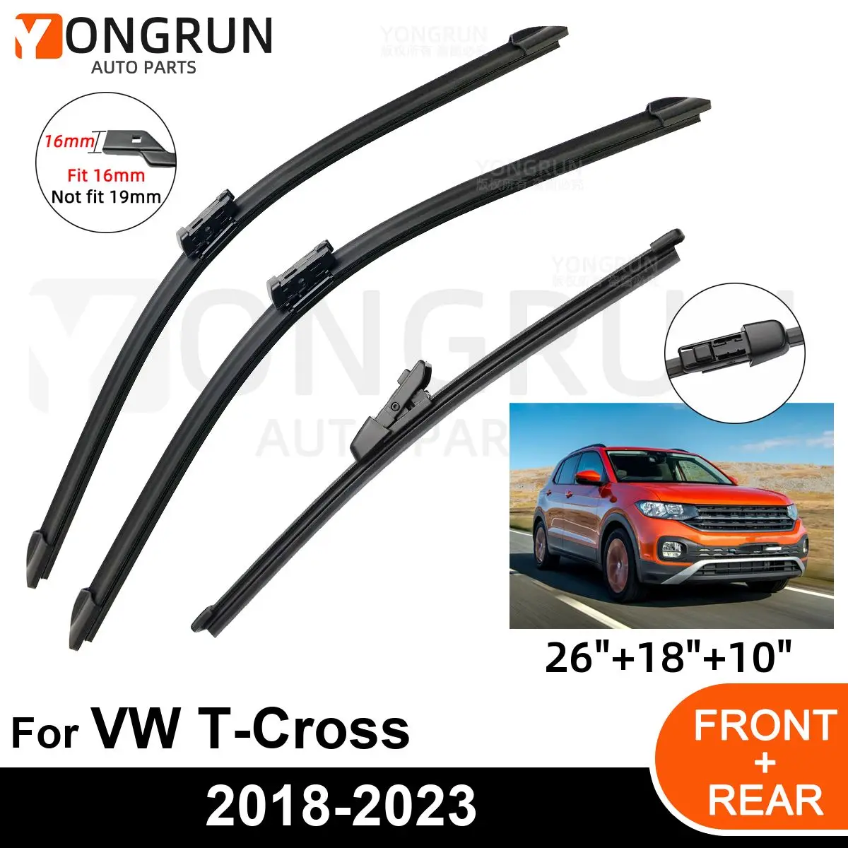 

3PCS Car Wiper for VW T-Cross 2018-2023 Front Rear Windshield Windscreen Wiper Blade Rubber Accessories
