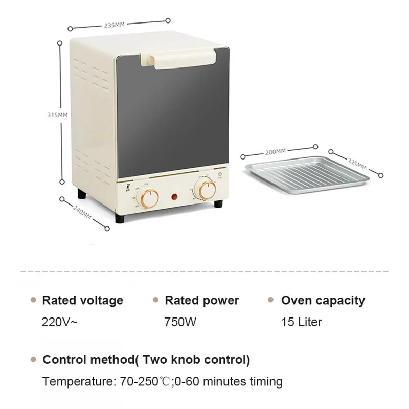 220V 750W 15L Mini Electric Oven Multifunction Timer Making Bread Cake Pizza Cookies Baking Machine Toaster Barbecue Grill