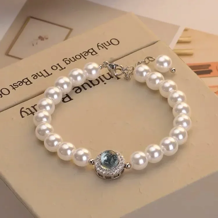 925 Sterling Silver Pearl Bracelet For Women French Luxury Designer Blue Crystal Charm Bracelets Fashion Party Wedding Jewelry - Image 5