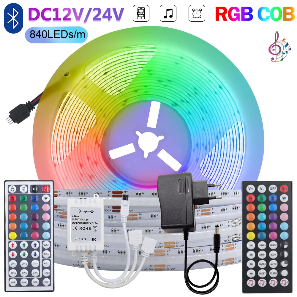 840Led/M Rgb Cob Led Strip Light 12V 24V Bluetooth-Compatibile 44Key Remote Control Power Kit Nastro Led Lineare Per Decorazioni Per Interni