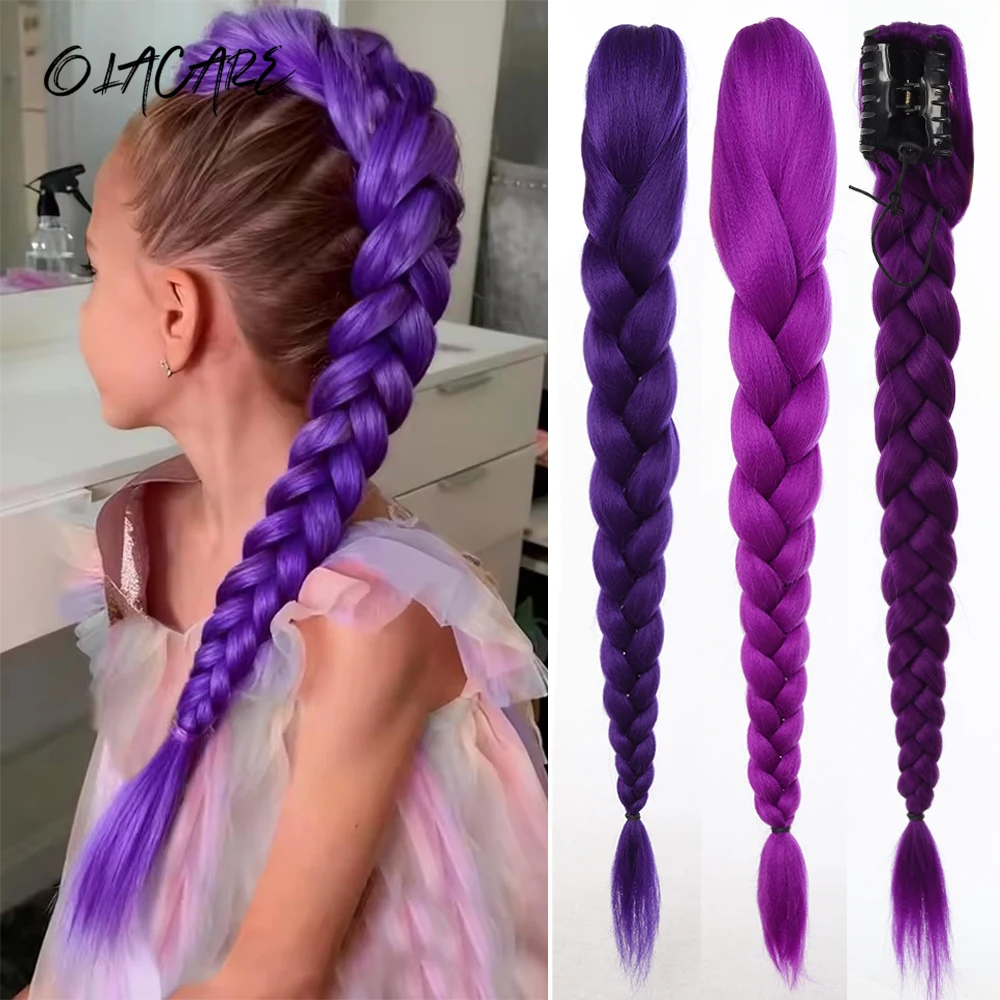 Synthetic Purple Braided Hair Ponytail Extension Clip for Women and Kids
