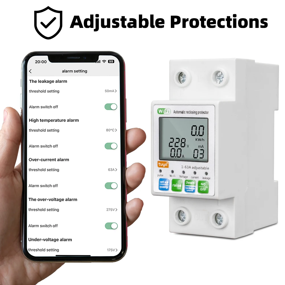RMshebei Tuya Smart WiFi Circuit Breaker 220V 2P 63A Remote Control Timing Switch Over-Voltage Overload Leakage Protection